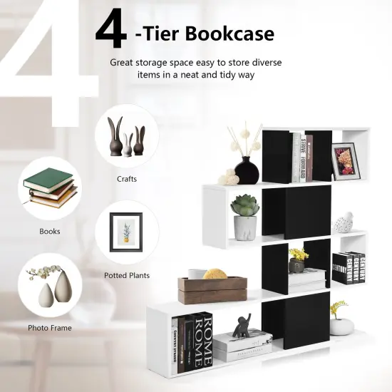Engineered Wood Ladder Bookshelf, 5-Tier Display Rack Black & White {5}