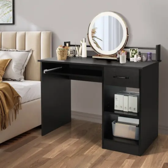 Modern Computer Desk with Large Drawer Pull-Out Keyboard Tray and Multi-Level Storage Shelf Black {5}