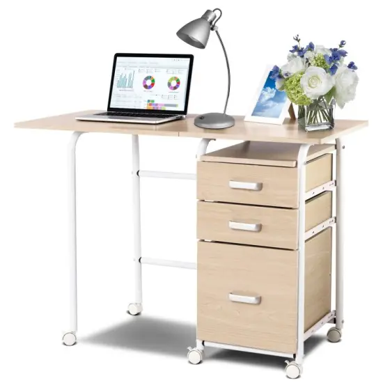 Folding Computer Laptop Desk Wheeled Home Office Furniture Natural {4}