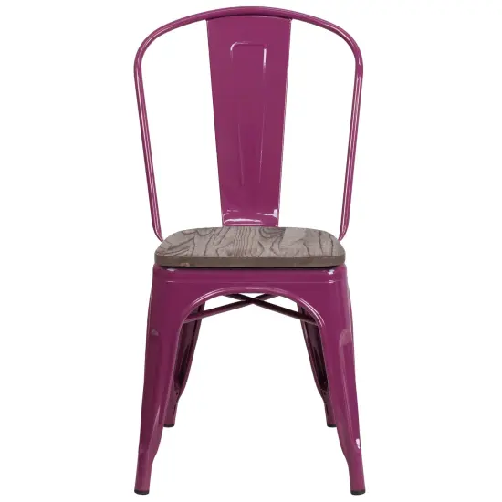 Merrick Lane Calumet Metal Stacking Chair with Curved, Slatted Back and Rustic Wood Seat Purple {2}