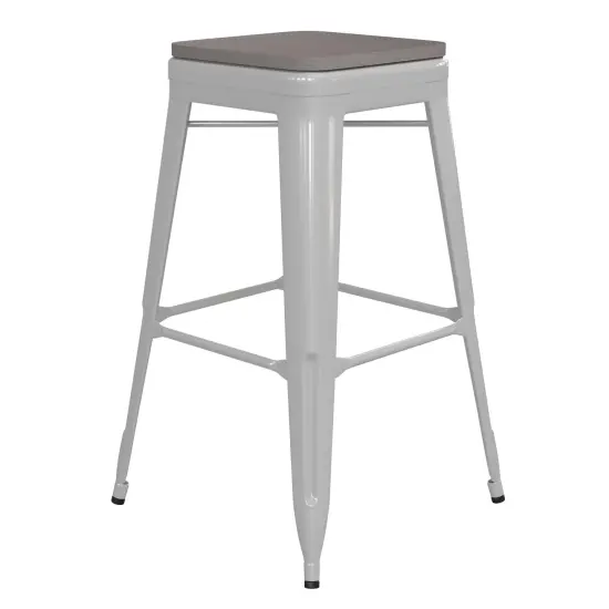 Emma and Oliver Kam Backless Metal Indoor-Outdoor Stool with All-Weather Polystyrene Seat White/Gray {1}
