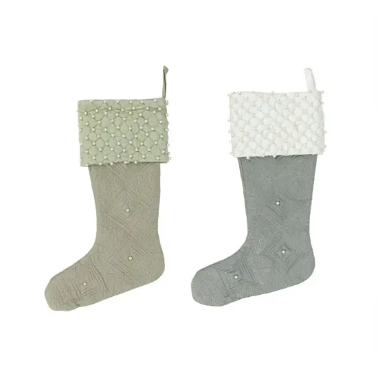CC Christmas Decor Set of 2 Gray and Brown Quilted Christmas Stockings 18" {4}