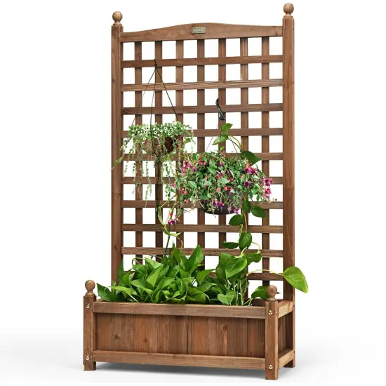 Solid Free Standing Wood Planter Box with Trellis for Garden {5}