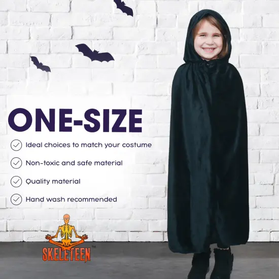 Black Velvet Hooded Cape - Kids Long Velour Vampire and Superhero Halloween Costume Cloak with Hood for Boys and Girls {6}