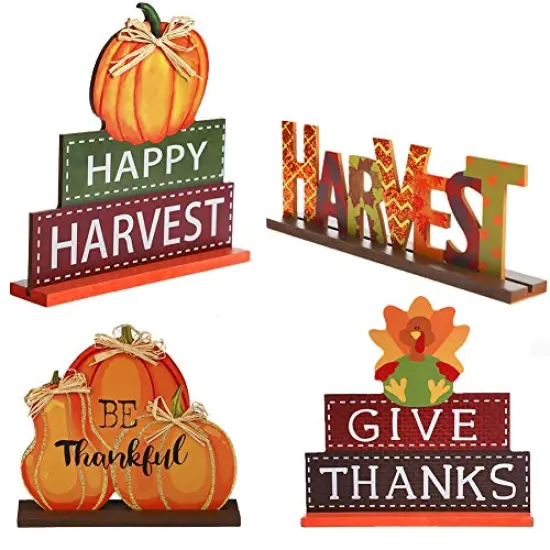 4 Pack Thanksgiving Themed Table Centerpiece Signs, Wood Pumpkin Table Decor Harvest Autumn Glittery Pumpkins Table Topper for Home Office Thanksgiving Decorations {2}
