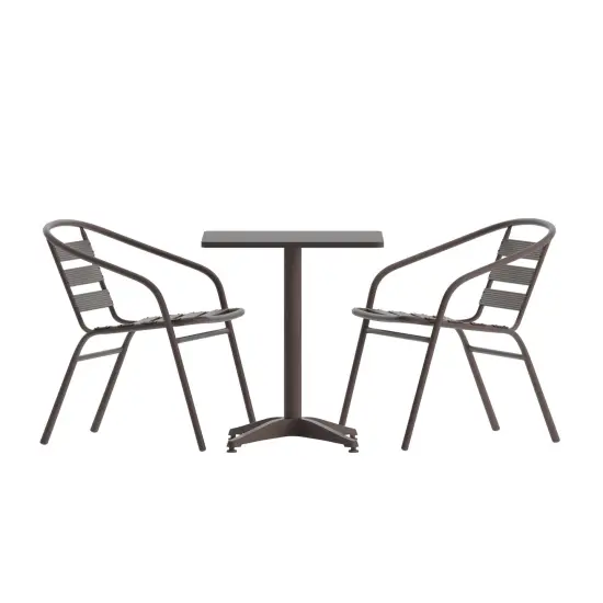 Emma and Oliver 27.5'' Square Aluminum Indoor-Outdoor Table Set with 2 Slat Back Chairs Bronze {1}