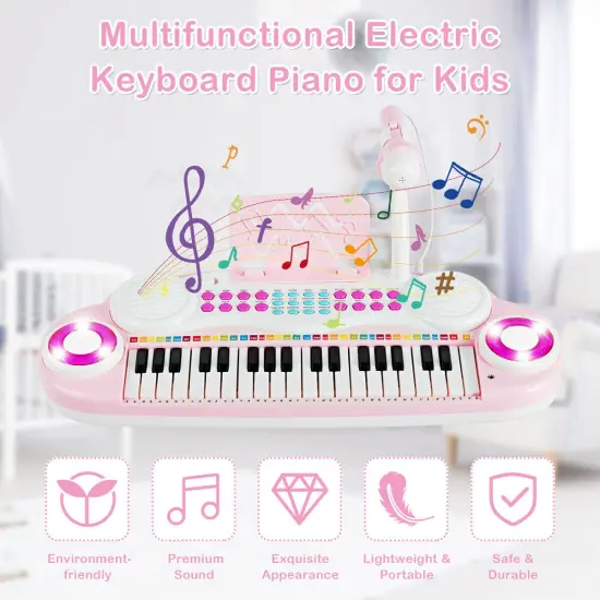 37-Key Electronic Piano with Microphone, Music Score and USB Pink {3}