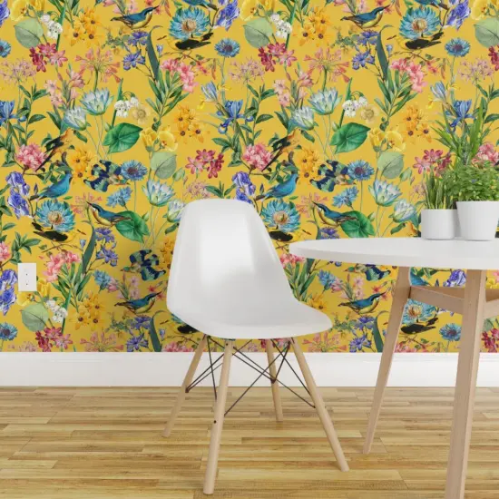 Peel & Stick Wallpaper 2FT Wide Rainforest Jungle Yellow Hand Drawn Botanical Tropical Birds Custom Removable Wallpaper by Spoonflower {1}