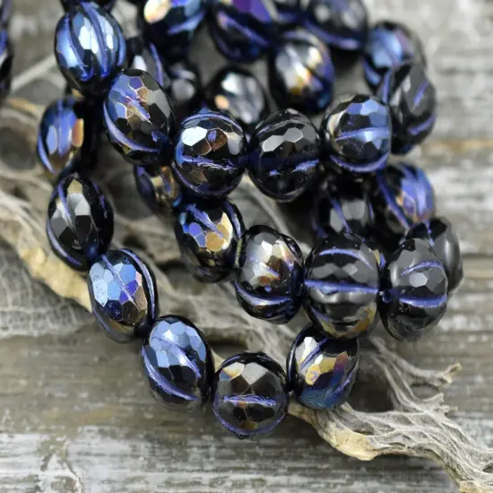 *12* 10mm Bronze Washed Jet Black Blue Marea Faceted Round Melon Beads {5}