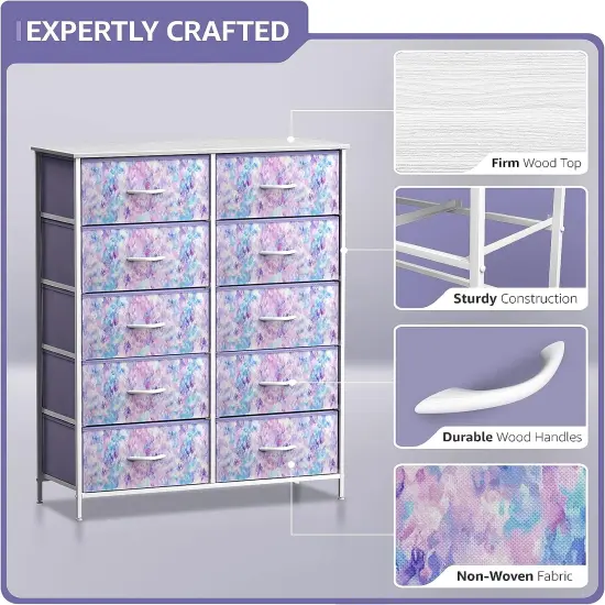 Sorbus Dresser with 10 Drawers - Storage Unit Organizer Chest for Clothes - Bedroom, Room, Nursery, & Closet - Steel Frame, Wood Top & Handles, and Easy Pull Fabric Bins Tie Dye Purple {4}