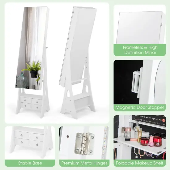 Freestanding Full Length LED Mirrored Jewelry Armoire with 6 Drawers-White {5}