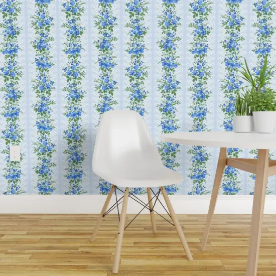 Peel & Stick Wallpaper 2FT Wide Farmhouse Floral Shabby Chic Blue Cottage Core Romantic Vertical Stripe Small Scale Custom Removable Wallpaper by Spoonflower {1}