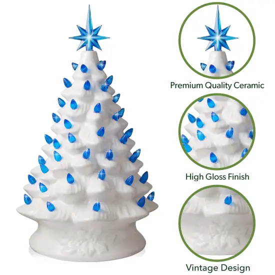 Casafield Hand Painted Ceramic Christmas Tree, White 15-Inch Pre-Lit Tree with 128 Pink and Blue Lights and 2 Star Toppers {3}