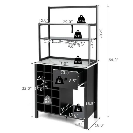 Kitchen Bakers Rack Freestanding Wine Rack Table with Glass Holder and Drawer Black {4}