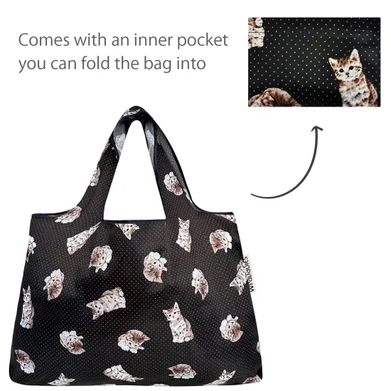 Wrapables Large & Small Foldable Tote Nylon Reusable Grocery Bags, Set of 2 Cute Kitty {5}