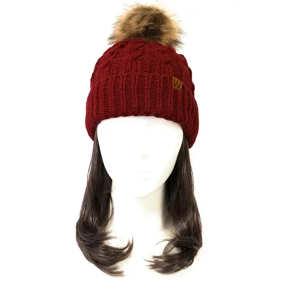 Wrapables Winter Warm Cable Knit Faux Fur Pom Pom Beanie Adult Burgundy {2}