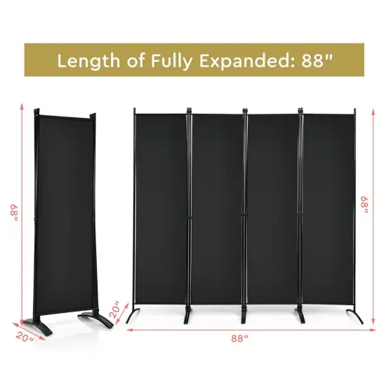 4-Panel Foldable Room Divider Privacy Screen with Steel Frame Black {4}