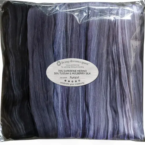 5oz Merino Silk Luxe Blends - Roving for Spinning, Felting, and Blending. Merino Wool + Glossy Mulberry Silk + Premium Tussah Silk. Nightfall {1}