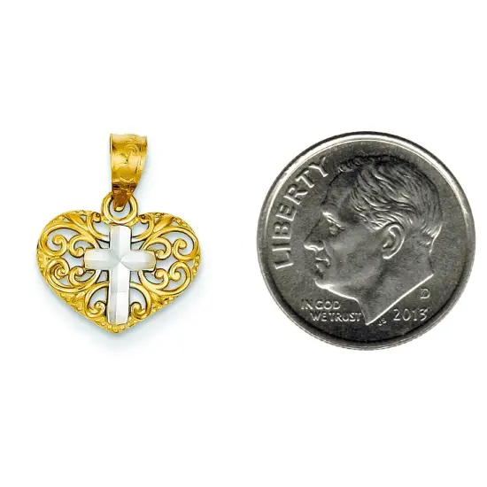 14K Two Tone Gold Cross Heart Charm Jewelry Pendant 16mm x 12mm {2}