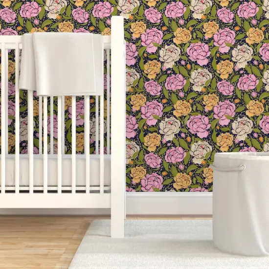 Pre-Pasted Wallpaper 2FT Wide Peony Flowers Floral Spring Garden Botanical Peonies Pink Yellow Green Cottagecore Custom Pre-pasted Wallpaper by Spoonflower {7}