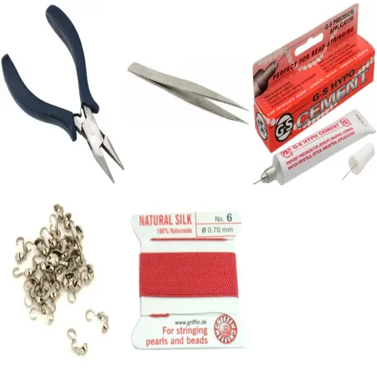 Bead Tip Kit - Pliers, Tweezers, Cement, 30 Bead Tips & Coral Bead Cord #6 {1}
