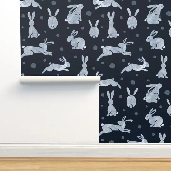 Pre-Pasted Wallpaper 2FT Wide Indigo Rabbits Dark Blue Bunny Snow Hare Winter Animals Custom Pre-pasted Wallpaper by Spoonflower {2}