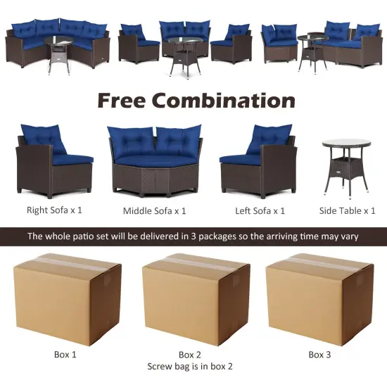4 Pieces Patio Rattan Furniture Set Cushioned Sofa Glass Table Navy {5}