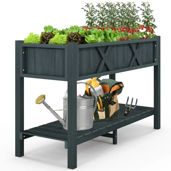 HIPS Raised Planter Box with Bottom Shelf and Drainage System Black {4}
