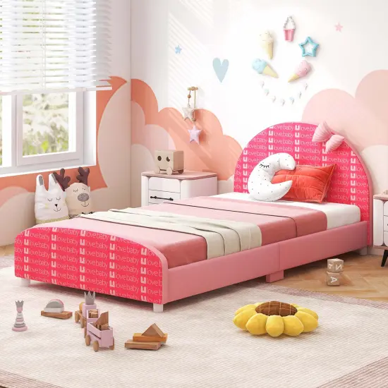Honeyjoy Children Twin Size Upholstered Platform Single Bed with Headboard & Footboard Pink {6}