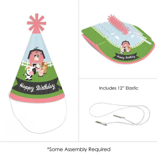 Big Dot of Happiness Girl Farm Animals - Cone Happy Birthday Party Hats for Kids and Adults - Set of 8 (Standard Size) {6}