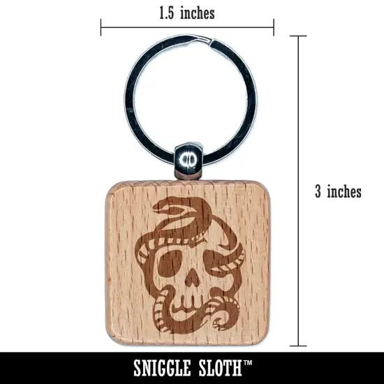 Sinister Skull with Snake Serpent Engraved Wood Square Keychain Tag Charm {2}