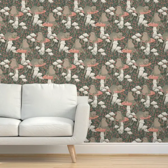 Pre-Pasted Wallpaper 2FT Wide Woodland Forest Toads Mushrooms Toadstool Cottagecore Whimsical Fairy Custom Pre-pasted Wallpaper by Spoonflower {5}