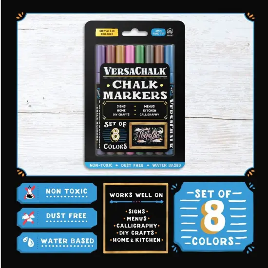 VersaChalk Metallic Liquid Chalk Markers for Chalkboards, Set of 8 - 3mm Fine Tip {3}
