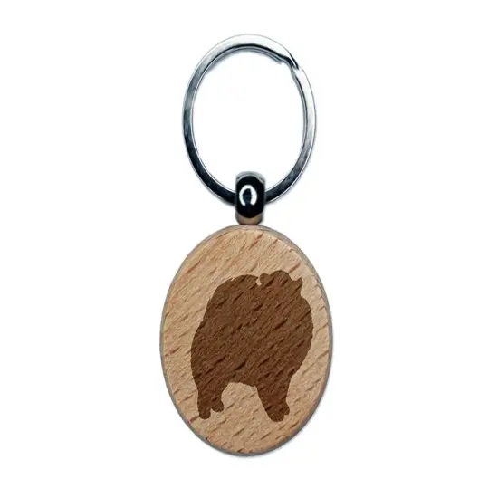Pomeranian Dog Solid Engraved Wood Round Keychain Tag Charm {1}