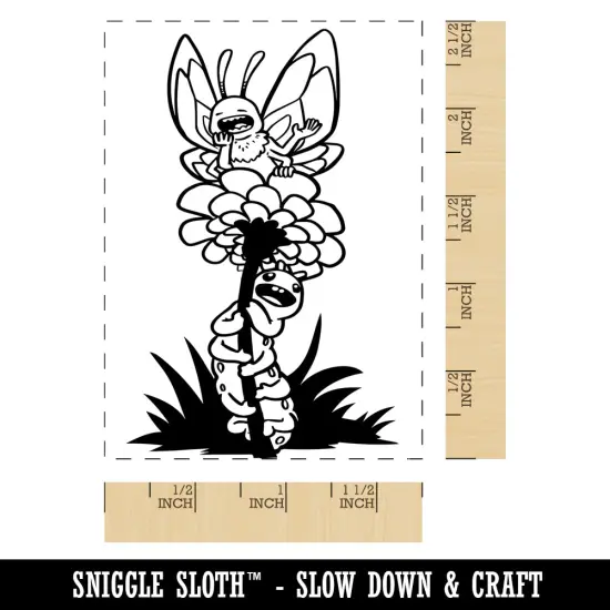 Butterfly Caterpillar on Flower Rectangle Rubber Stamp for Stamping Crafting {1}
