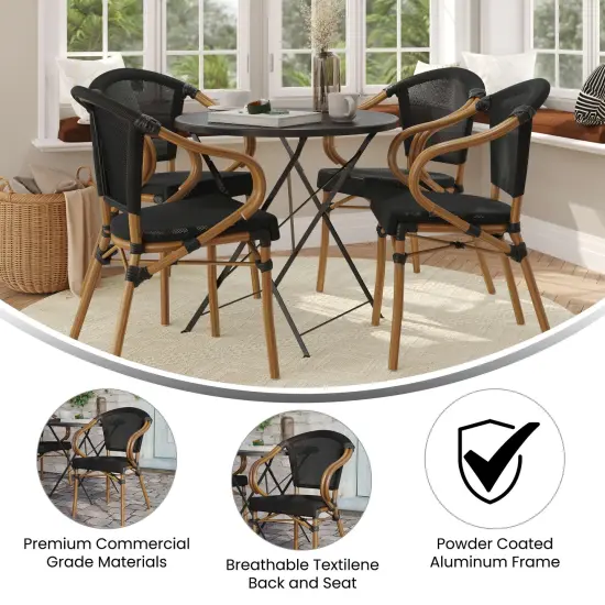Merrick Lane Mael Set of Four Stacking Thonet Bistro Style Chair with Arms, Textilene Seat, and Bamboo Finished Metal Frame for Indoor/Outdoor Use Black/Natural Frame {4}