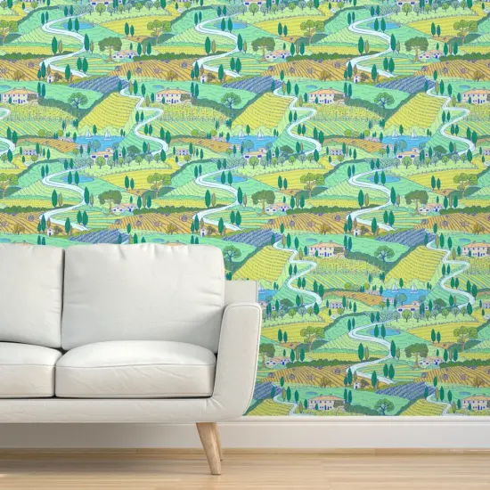 Pre-Pasted Wallpaper 2FT Wide Multicolor Painting Farmland Villa Italian Landscape Large Scale Countryside Tuscan Mediterranean Custom Pre-pasted Wallpaper by Spoonflower {5}