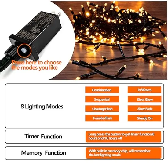 82FT 200 LED Christmas String Lights Outdoor/Indoor, Timer & Memory Function & 8 Modes, Extendable Green Wire, Waterproof Fairy String Lights for Xmas Tree Holiday Party Garden (Warm White) {4}
