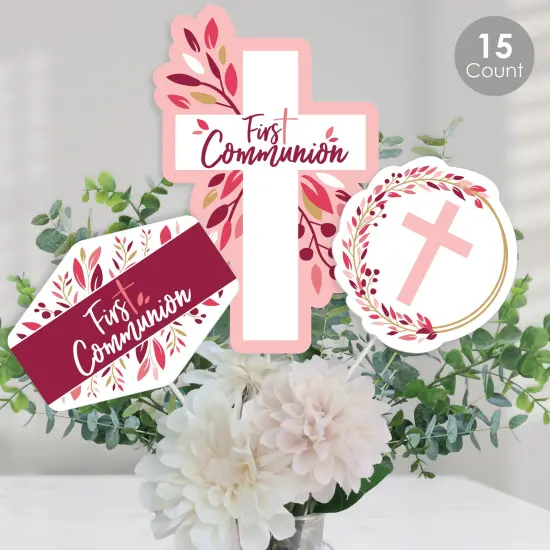 Big Dot of Happiness First Communion Pink Elegant Cross - Girl Religious Party Centerpiece Sticks - Table Toppers - Set of 15 {1}