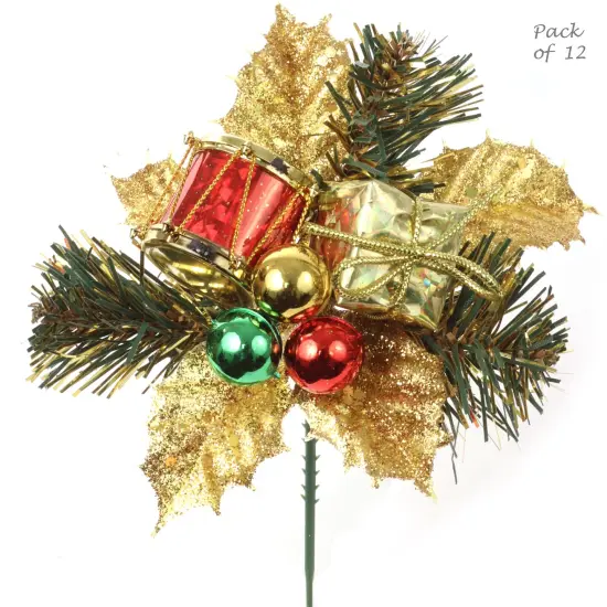 Set of 12: Holly Pine Picks with Gift Box, Ornament Balls, & Drum | Festive Holiday Decor | Trees, Wreaths, & Garlands | Christmas Picks | Home & Office Decor - 2024 Christmas Collection, Floral Home by Artificial Flowers {1}