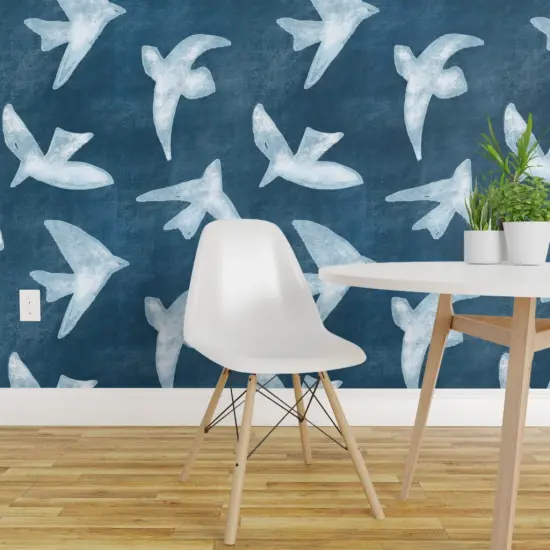 Pre-Pasted Wallpaper 2FT Wide Blue Birds Indigo Shibori Style Seagull Coastal Ocean Bird Custom Pre-pasted Wallpaper by Spoonflower {1}