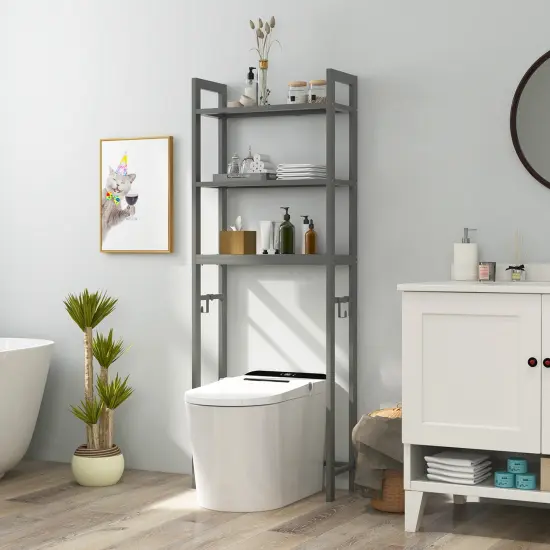 Costway Over-The-Toilet Storage Shelf Space Saving Metal Bathroom Organizer Hooks Grey/White/Brown {2}