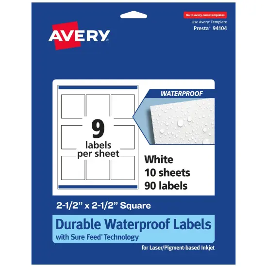 Avery Durable Waterproof Square Labels with Sure Feed, 2.5" x 2.5" {7}