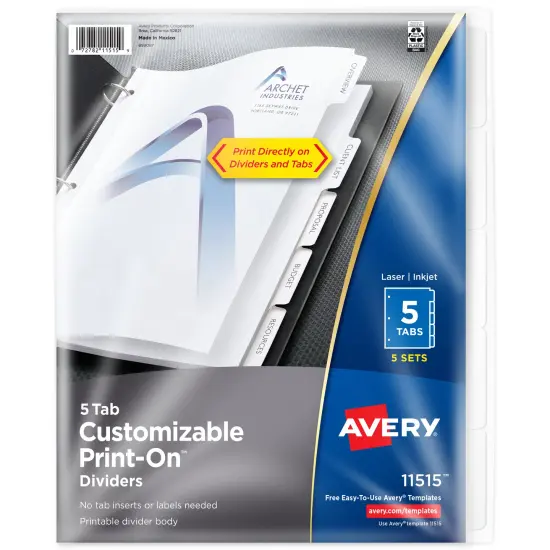 Avery Customizable Print-On Dividers for 3 Ring Binders, 5-Tab Set, 5 Sets (11515) {1}