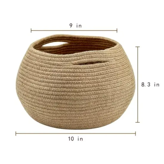 Cute Round Basket - Cotton Rope Jute Baskets in Living Room Woven Towel Basket Bedroom Storage Bakset for Children Corner Plant Basket Indoor, Jute, 10" D x 8.3" H {1}