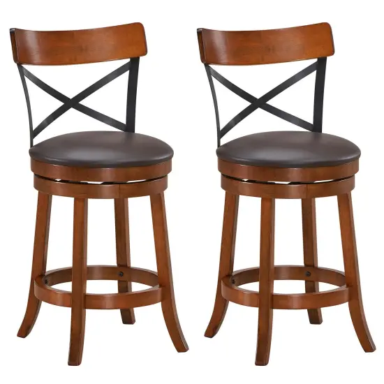Set of 2 Bar Stools 360-Degree Swivel Dining Bar Chairs with Rubber Wood Legs {1}