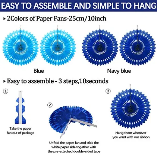 Navy Blue Party Decoration,23Pcs Hanging Paper Fans,Pom Poms Flowers,Garland String Polka Dot and Triangle Bunting Flag Packs for Boy Birthday, Bridal Shower,Baby Boy Showers,Wedding {6}