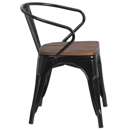 Emma and Oliver Metal Chair with Wood Seat and Arms Black {5}