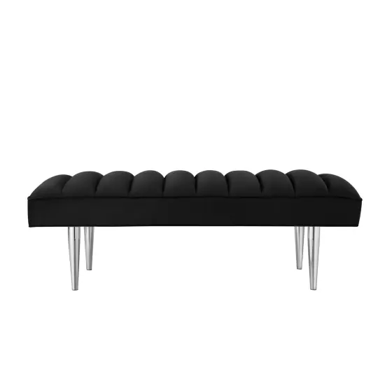Denver Velvet Channel Tufted Bench with Mirrorred Lacquer Finish With Gold/Chrome Legs Black/Chrome {2}
