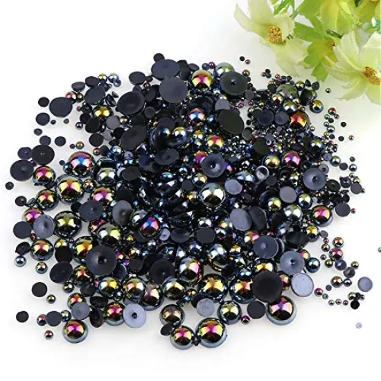 1000 Pieces Flatback Half Pearls, Mixed Size 4/6/8/10/12/14mm Flat Back Round Half Pearls Beads for Crafts Jewelry, Loose Beads Gem (Jet Black AB) {6}